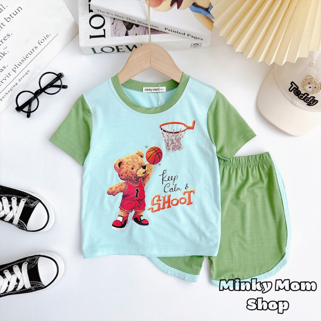 Bộ quần áo mùa hè cộc tay hình gấu dễ thương chất cotton cho bé trai bé gái