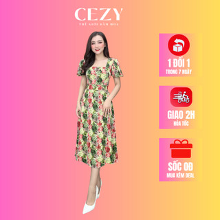 Đầm hoa cổ vuông tay phồng dây thắt nơ eo có size bigsize CEZY D120