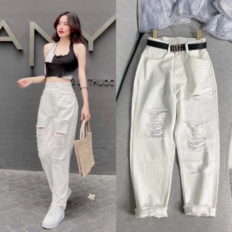 (Kaki - freeship) Quần baggy nữ trắng rách sọc chất kaki jean cao cấp thời trang H.N.M STORE | BigBuy360 - bigbuy360.vn