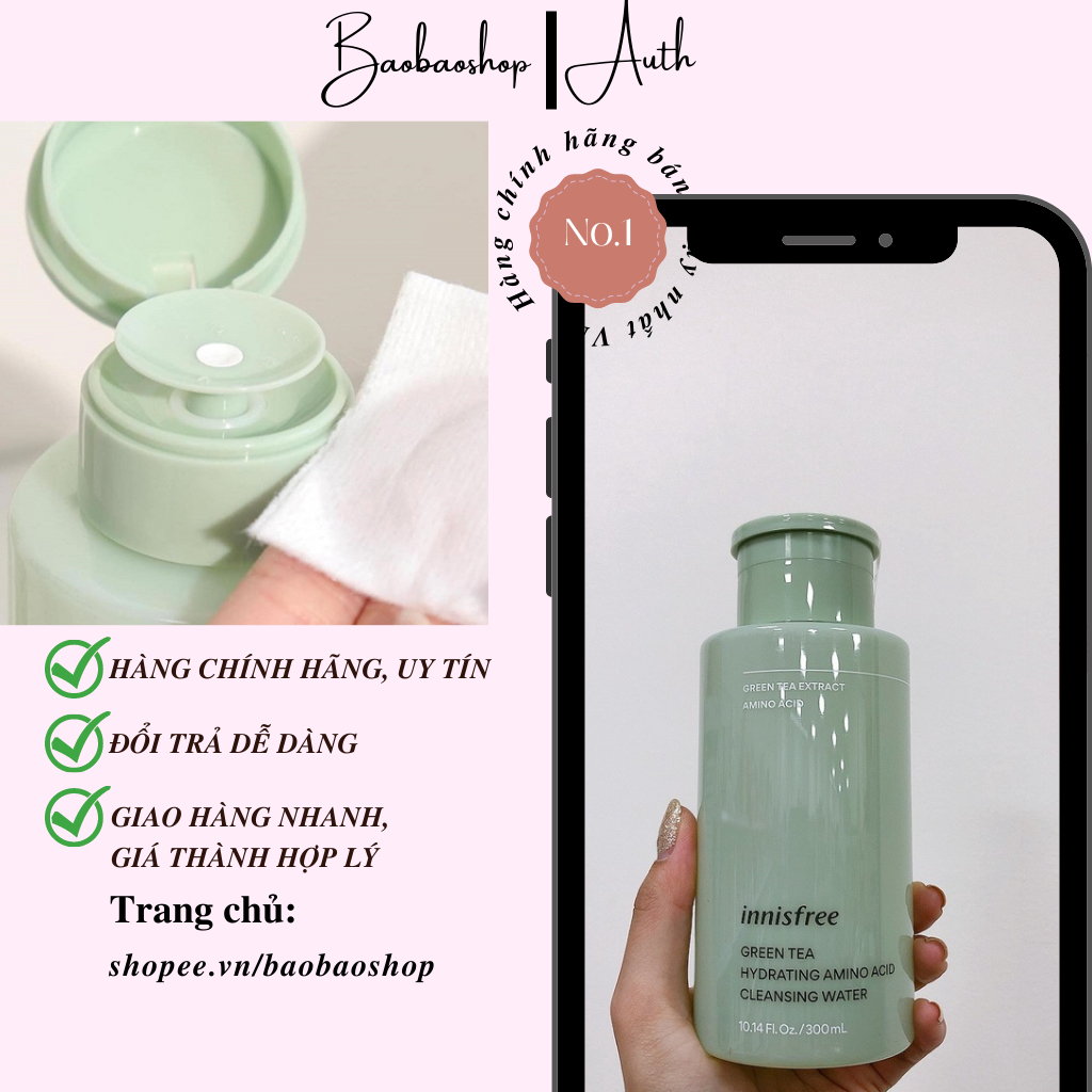 Nước tẩy trang dưỡng ẩm Innisfree Green Tea Hydrating Amino Acid Cleansing Water 300 mL: Sạch sâu và dưỡng ẩm tự nhiên