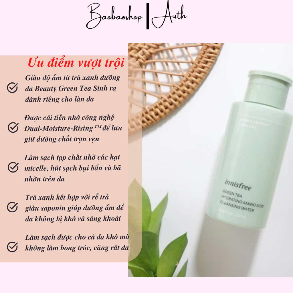 Nước tẩy trang dưỡng ẩm Innisfree Green Tea Hydrating Amino Acid Cleansing Water 300 mL: Sạch sâu và dưỡng ẩm tự nhiên
