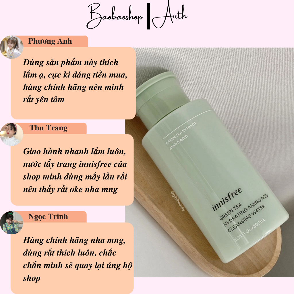 Nước tẩy trang dưỡng ẩm Innisfree Green Tea Hydrating Amino Acid Cleansing Water 300 mL: Sạch sâu và dưỡng ẩm tự nhiên