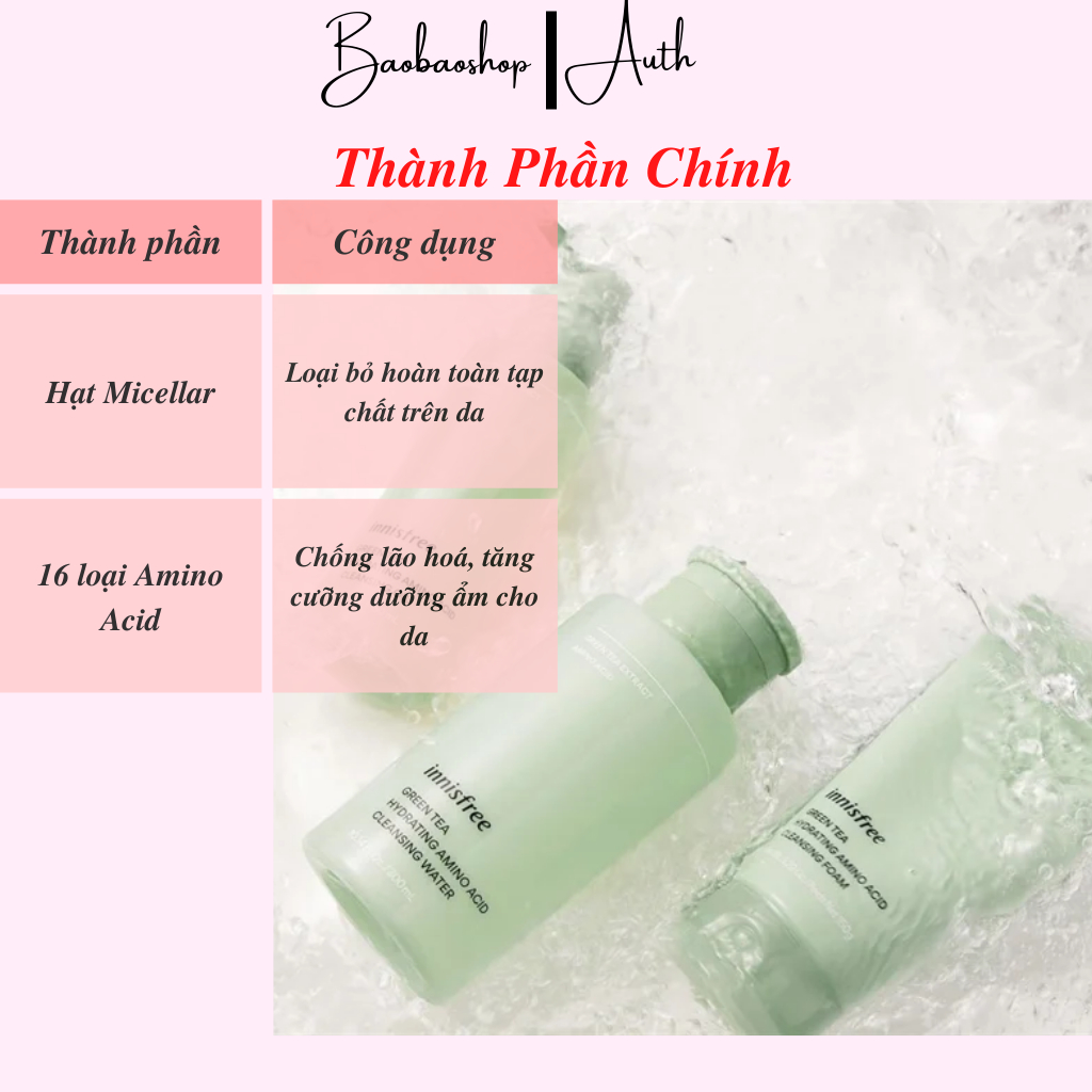 Nước tẩy trang dưỡng ẩm Innisfree Green Tea Hydrating Amino Acid Cleansing Water 300 mL: Sạch sâu và dưỡng ẩm tự nhiên