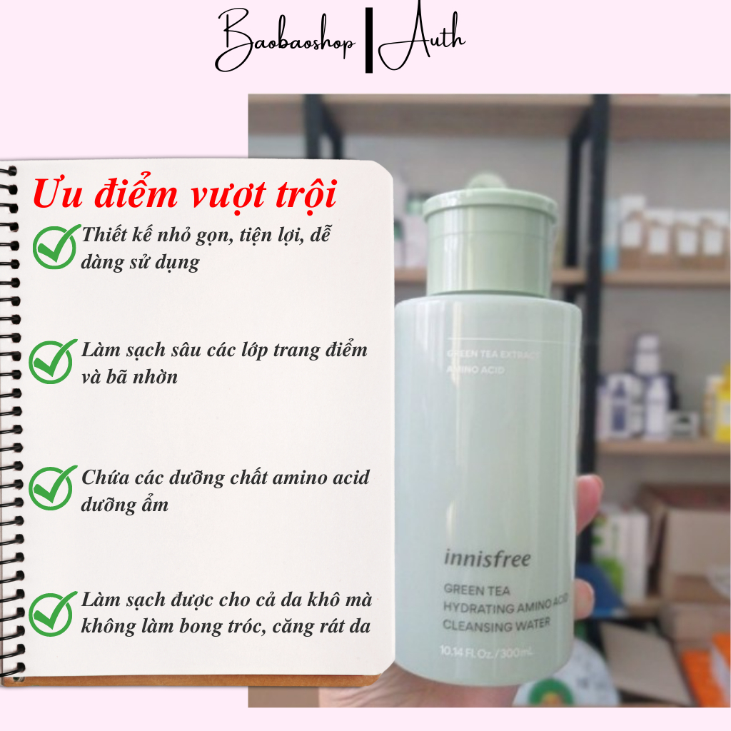 Nước tẩy trang dưỡng ẩm Innisfree Green Tea Hydrating Amino Acid Cleansing Water 300 mL: Sạch sâu và dưỡng ẩm tự nhiên