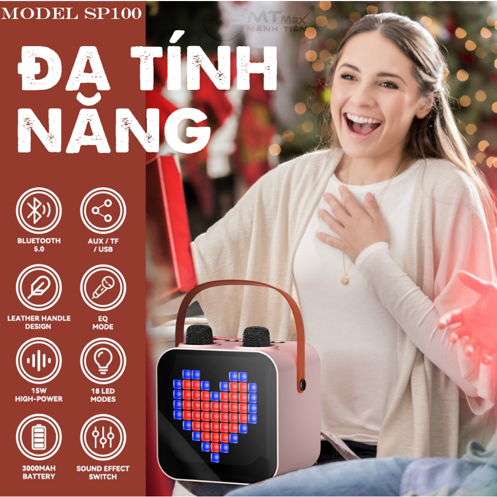 Loa Karaoke Đèn Led Mini Sách Tay SP100 Kèm Tặng 2 Micro Không Dây , Loa Sách Tay Di Động Thiết Kế Sang Trọng Nhỏ Gọn