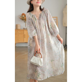 Đầm liền linen ngắn tay cổ V một khuy in hoa lá - NU7507
