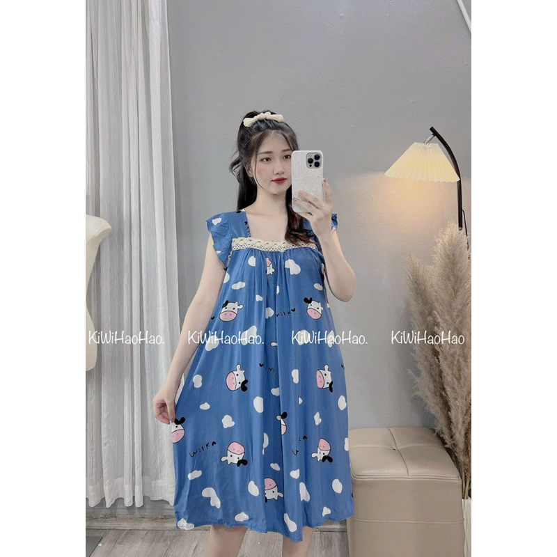 Váy Lanh Bầu Cổ Ren - Thiết kế hè Mát Freesize từ 50-70kg