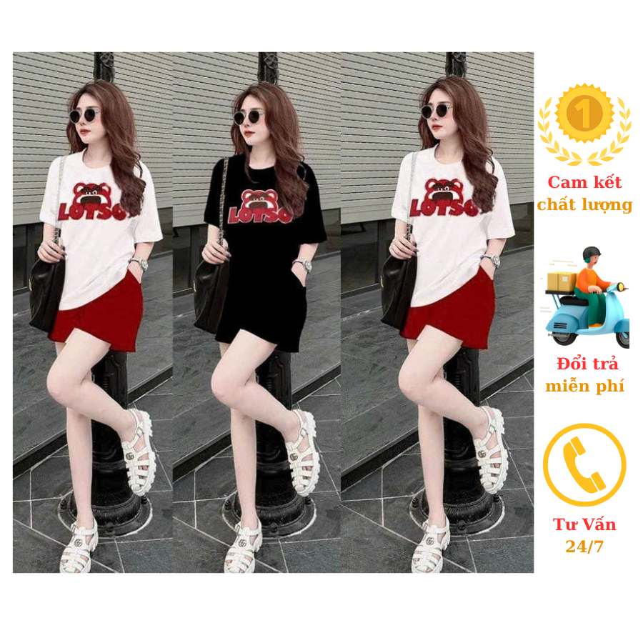 Bộ đồ short thun ngắn cotton thêu Chữ kim sa Lotso QC trẻ trung cá tính