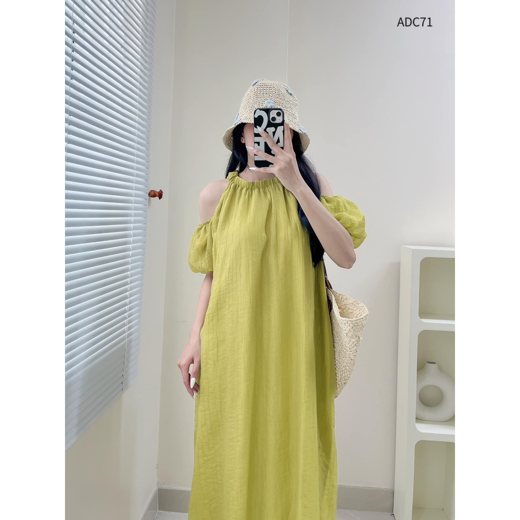 Đầm tơ xốp maxi cổ chun cut tay form size form rộng CHIBEST ADC71