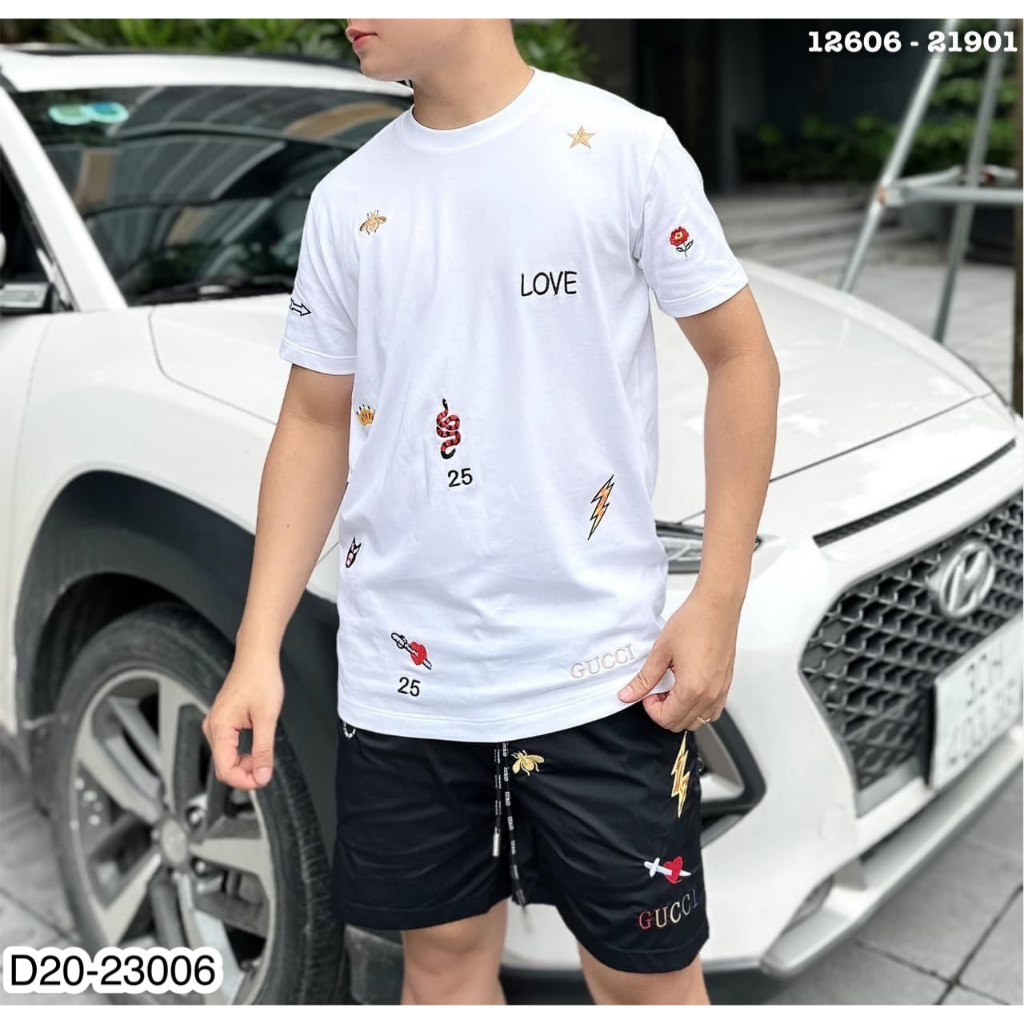 Bộ quần áo nam nữ tay ngắn thêu sticker G.C chất vải cotton thoáng mát cao cấp