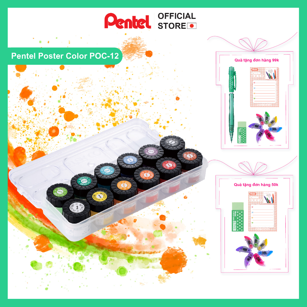 Bộ 12 màu bột pha nước hộp nhựa Poster Color Pentel POC-T12 màu sắc tươi sáng, đa dạng (12ml x12 màu)