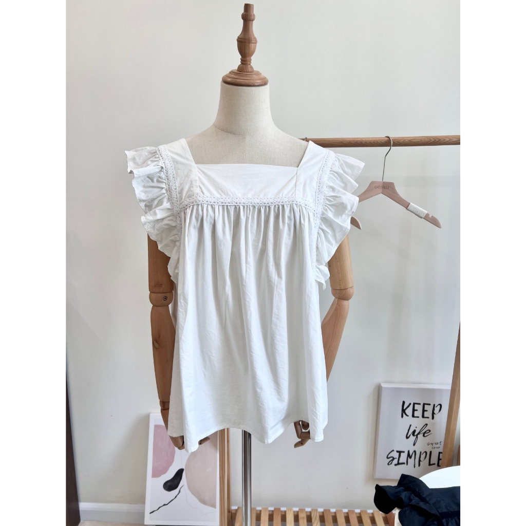 Áo cánh tiên cổ vuông chất liệu vải cotton phong cách Hàn Quốc (Made in Korea)