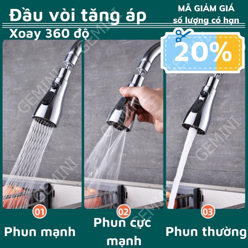 Đầu vòi nước tăng áp rửa bát xoay 360 độ 3 chế độ đa năng