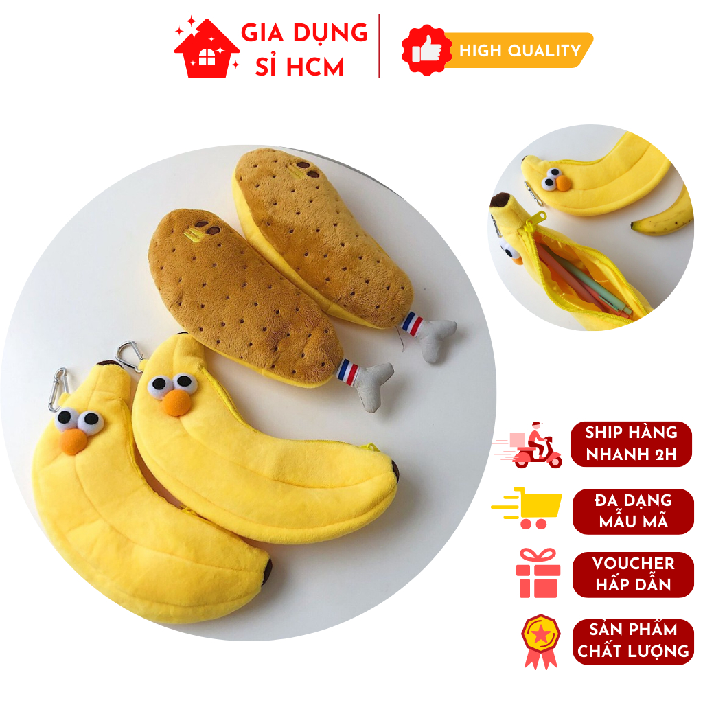 Hộp Bút, Túi Đựng Bút Hình Chuối Và Đùi Gà Bằng Vải Mềm Có Khóa Kéo Siêu Đáng Yêu Cho Bạn Mang Đi Học