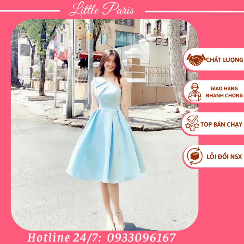 Little Paris Đầm Nữ Dáng Xòe Màu Xanh Lệch Vai Đính Nơ Kèm Mút Ngực Chất Vải Mềm Mịn Thoáng Mát