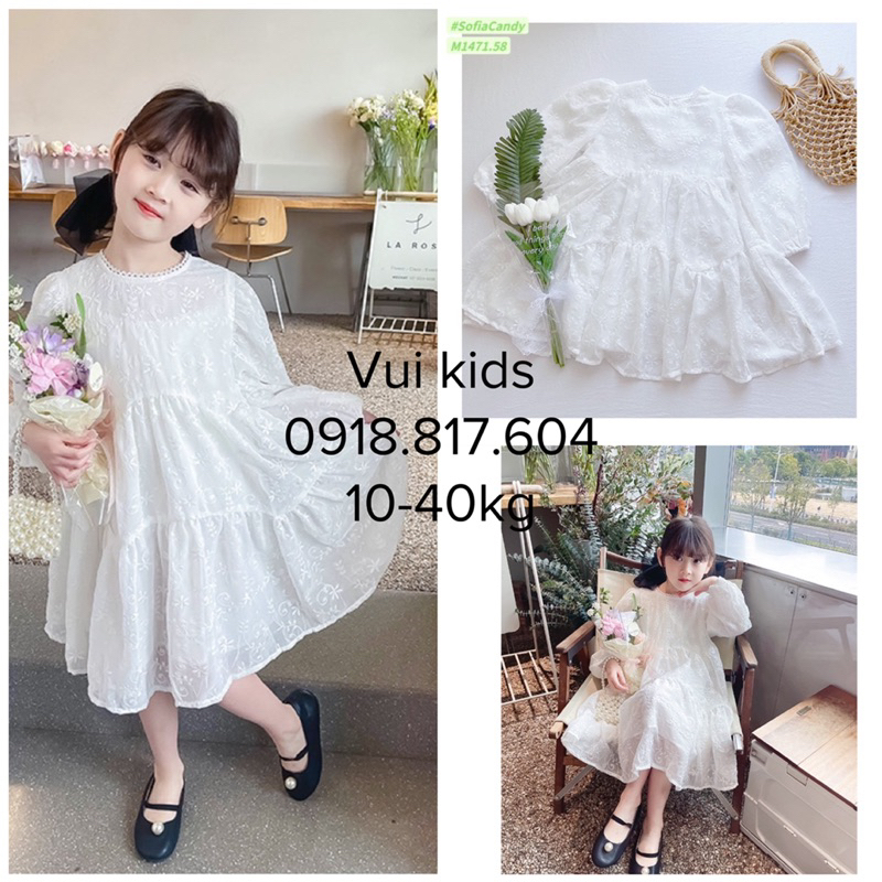 (Váy cao cấp)Đầm Váy bé gái. Váy trắng bé gái xinh. Váy trắng tay lỡ 3/4 dáng xoè thêu cao cấp 10-40kg Sofia Candy