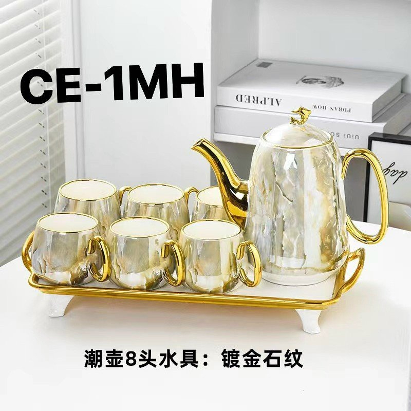 Bộ trà ấm chén sứ vân đá tặng kèm 6 muỗng cafe. bộ tách pha trà màu vân ghi phong cách hiện đại