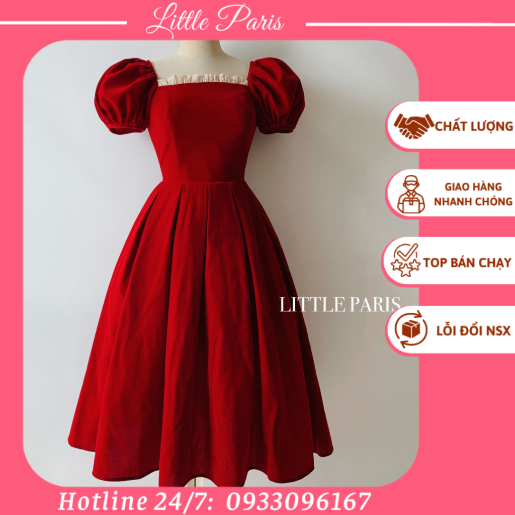Little Paris Đầm Nữ Thiết Kế Dáng Xòe To, Cổ Vuông, Tay Bồng Kèm Mút Ngực Chất Vải Nhung Cao Cấp Mềm Mịn Thoáng Mát Co G