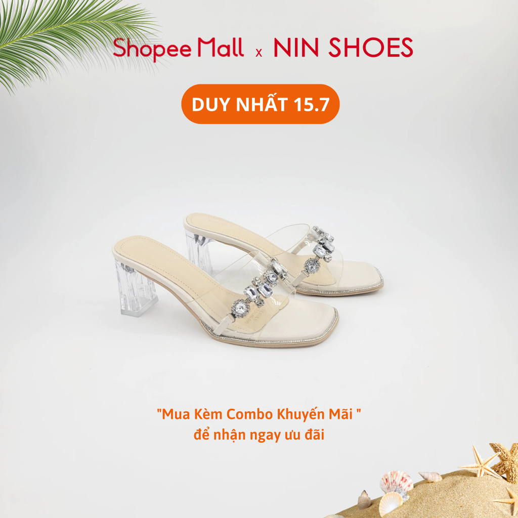 Dép nữ Ninshoes guốc lê quai ngang mika đính đá gót vuông 7 cm mũi vuông dép đi tiện lợi