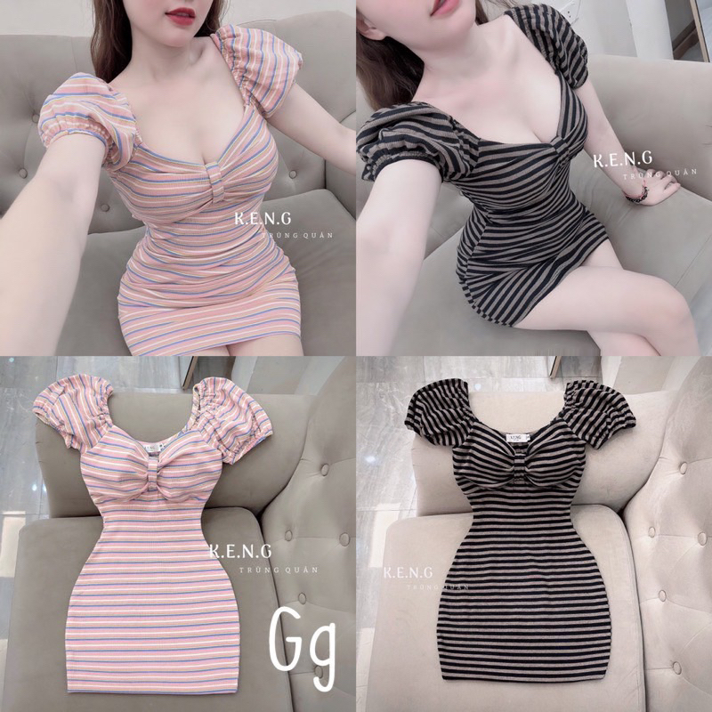 ĐẦM BODY CỔ VUÔNG NƠ NGỰC TAY NGẮN HOẠ TIẾT SỌC