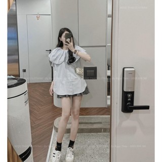 set áo sơ mi cổ sen chân váy xếp li