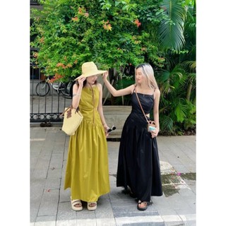 đầm maxi 2 dây khoét eo nơ vai