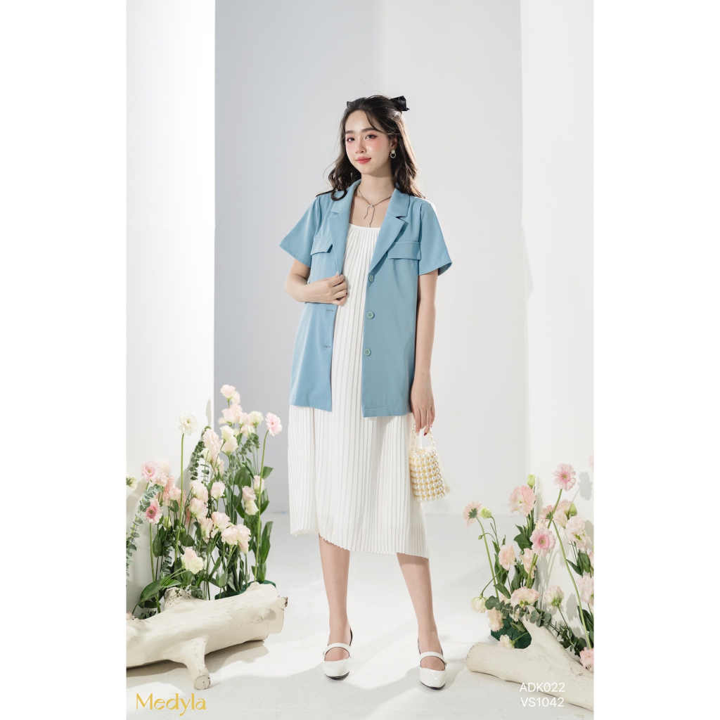 MEDYLA - Set blazer công sở mặc kèm với đầm bầu 2 dây xếp ly cho bầu mặc đi làm sang trọng - ADK022