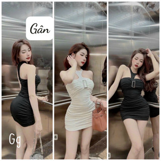 Đầm gân - đầm yếm khoen vuông ngực sexy body tôn dáng có mút