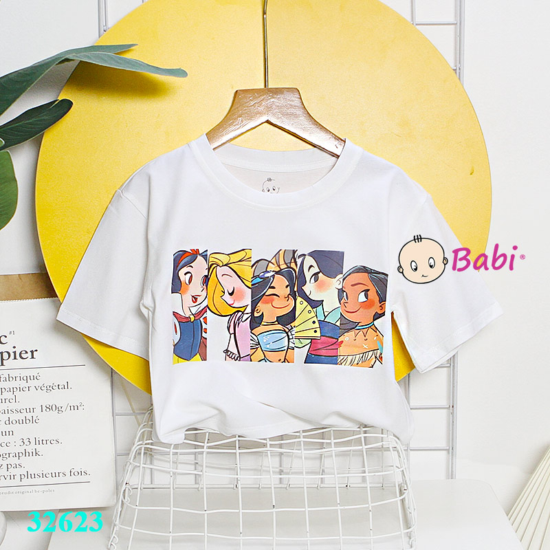 Áo croptop mẹ và bé gái in hình công chúa sành điệu thun cotton 4c, Áo thun croptop ngắn tay cho bé gái size đại 15-45kg