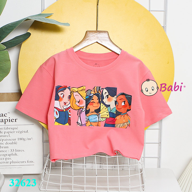 Áo croptop mẹ và bé gái in hình công chúa sành điệu thun cotton 4c, Áo thun croptop ngắn tay cho bé gái size đại 15-45kg