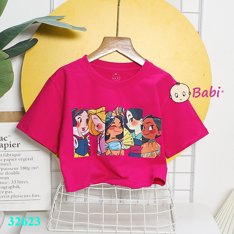 Áo croptop mẹ và bé gái in hình công chúa sành điệu thun cotton 4c, Áo thun croptop ngắn tay cho bé gái size đại 15-45kg