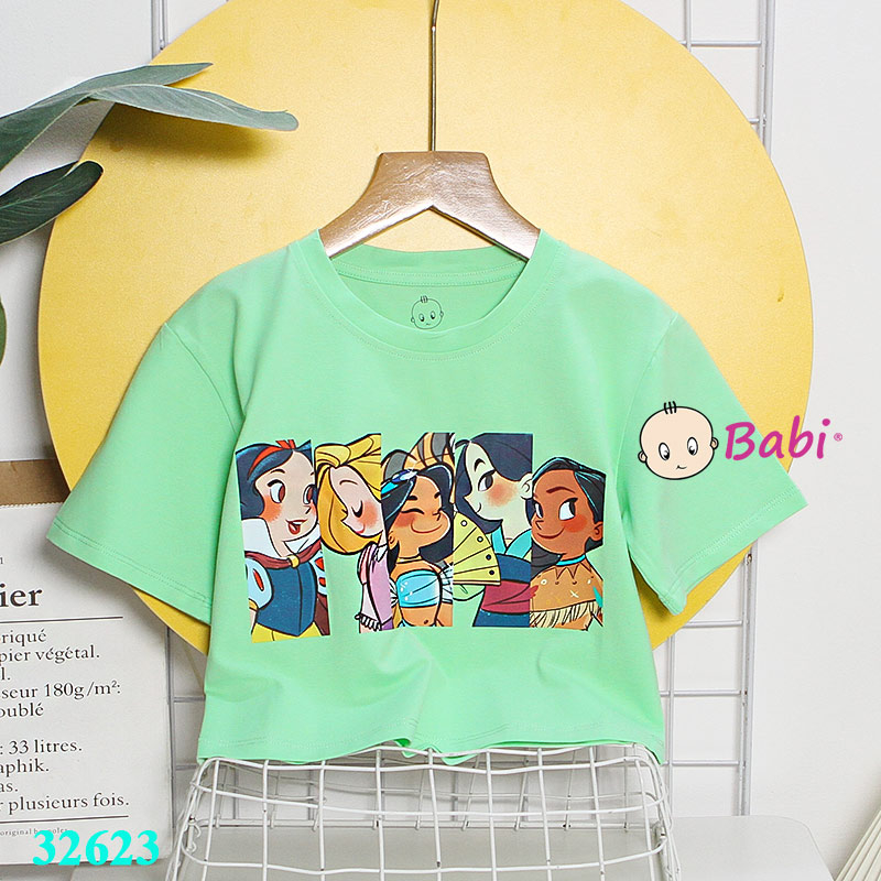 Áo croptop mẹ và bé gái in hình công chúa sành điệu thun cotton 4c, Áo thun croptop ngắn tay cho bé gái size đại 15-45kg