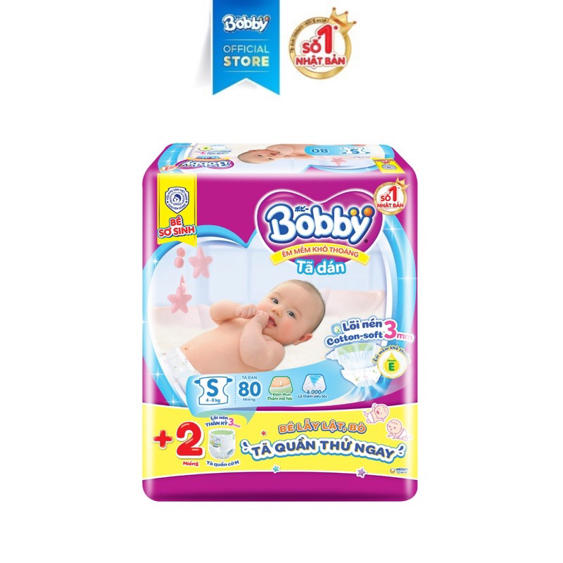 Tã dán  Bobby S80+2/ M 76+6-Lõi nén cotton-soft 3mm