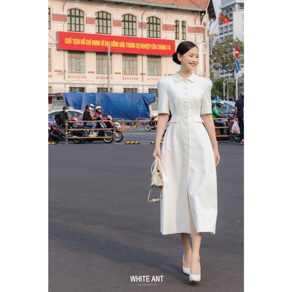 Đầm Sơ Mi Cổ Sen Tay Lỡ White Ant hàng Thiết Kế Cao Cấp PRIMROSE COLLAR FLARE DRESS