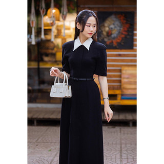 Đầm đen phối cổ trắng tay cộc nữ white ant tặng dây đai đi kèm chất liệu lụa 120432018e.100