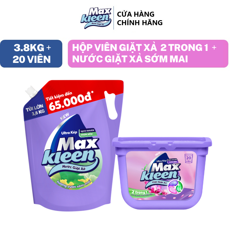 Combo Túi Nước Giặt Xả MaxKleen Sớm Mai 3.8kg + Hộp Viên Giặt Xả Huyền Diệu (20 viên/hộp)