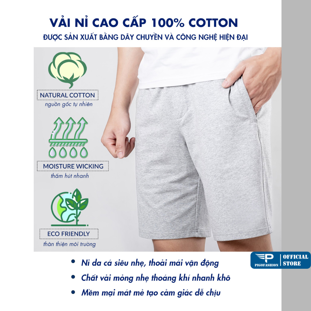 Quần short nam basic PIGOFASHION chất vải nỉ da cá cotton mát lạnh co giãn thoáng khí, vận động thoải mái QSN02