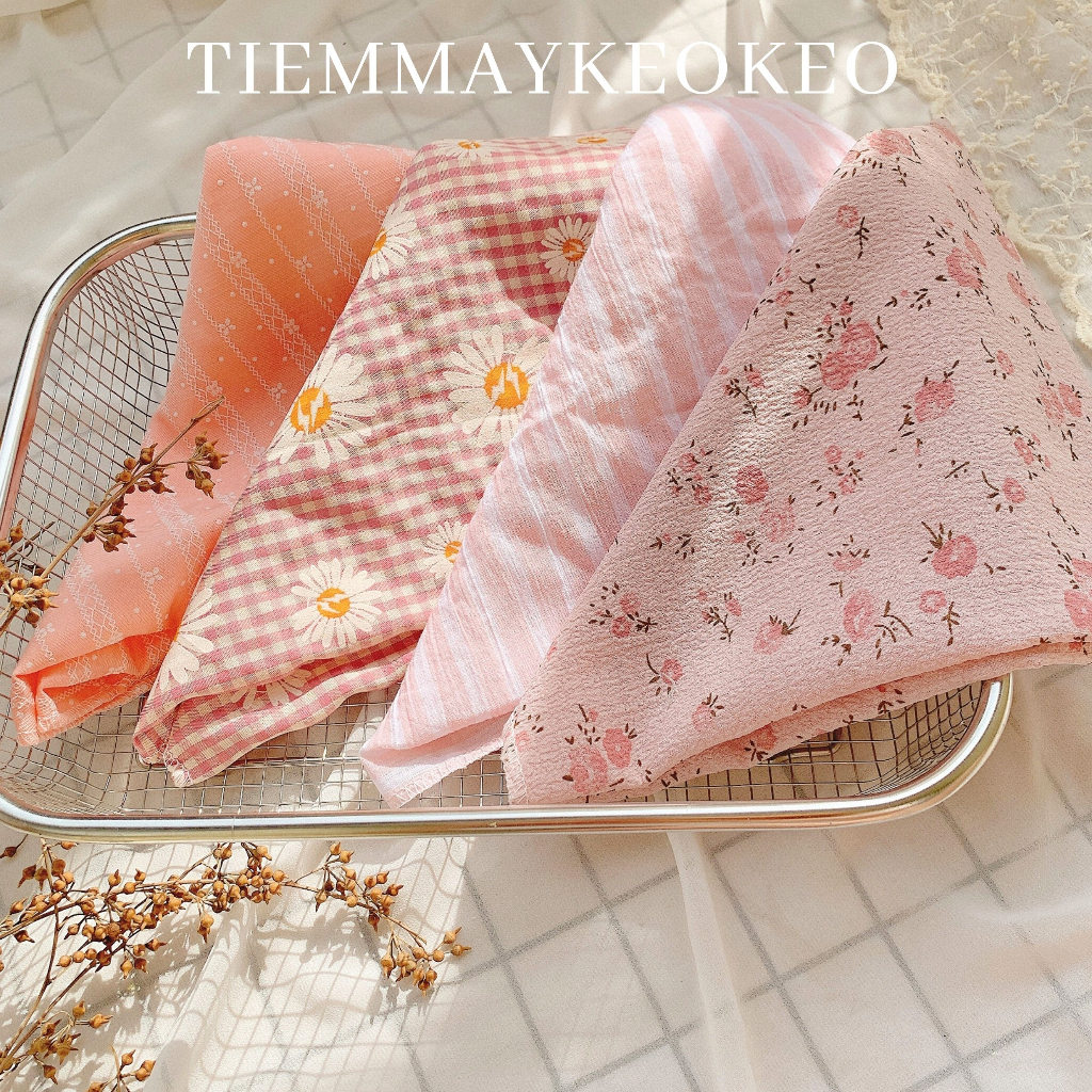Khăn vải bandana turban TIEMMAYKEOKEO khăn mùa hè đi biển tone hồng pastel hoa nhí mềm mại vintage thời trang nữ 50x50cm