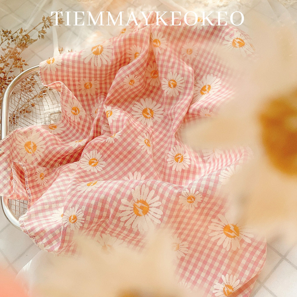 Khăn vải bandana turban TIEMMAYKEOKEO khăn mùa hè đi biển tone hồng pastel hoa nhí mềm mại vintage thời trang nữ 50x50cm