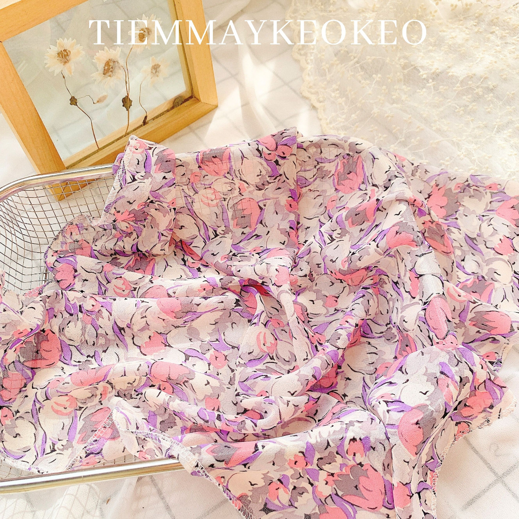 Khăn vải bandana turban TIEMMAYKEOKEO khăn mùa hè đi biển tone hồng pastel hoa nhí mềm mại vintage thời trang nữ 50x50cm