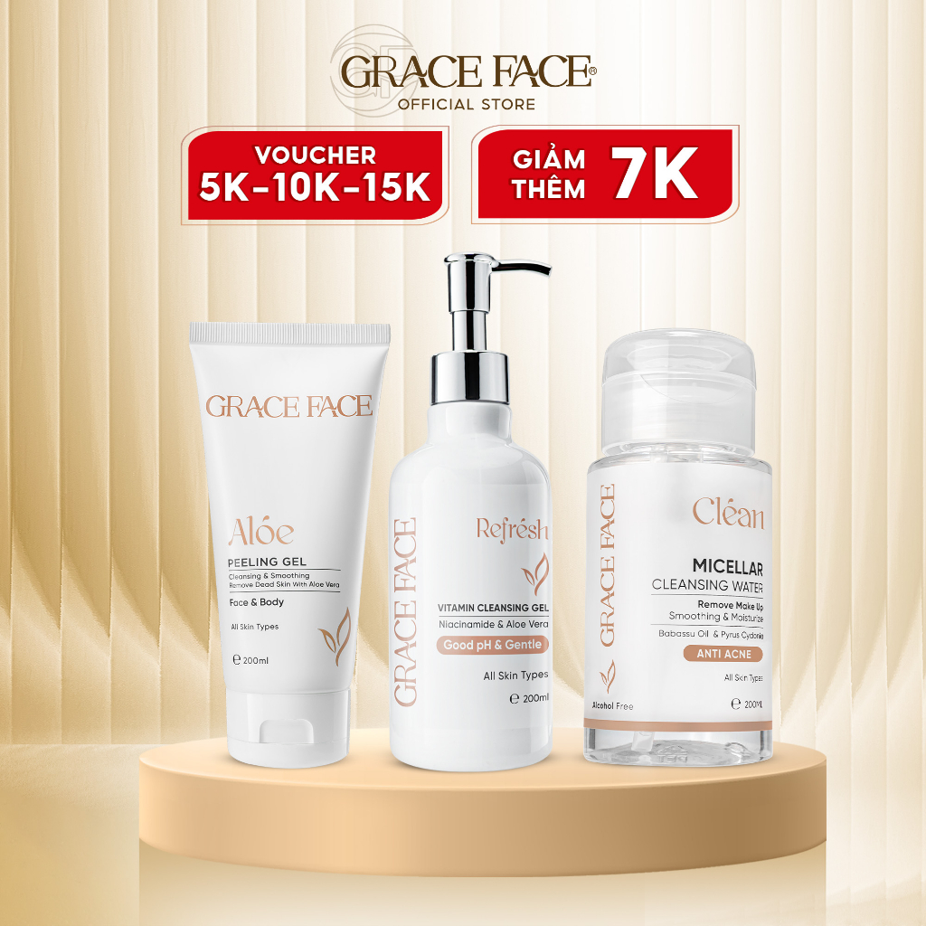 Bộ Sữa rửa mặt Grace Face Refresh 200ml, Tẩy da chết Aloe Peeling Gel 200ml và Nước tẩy trang Micellar Water 200ml