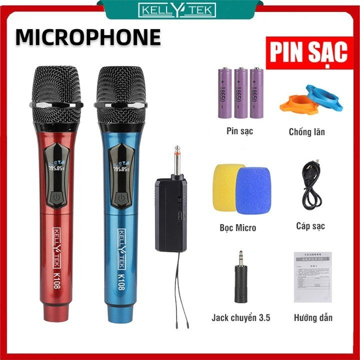 Bộ Micro Không dây Karaoke Kellytek K108 | W003 | W003A Chính hãng,hút âm, chống hú-Chuyên dùng cho amply, loa kéo