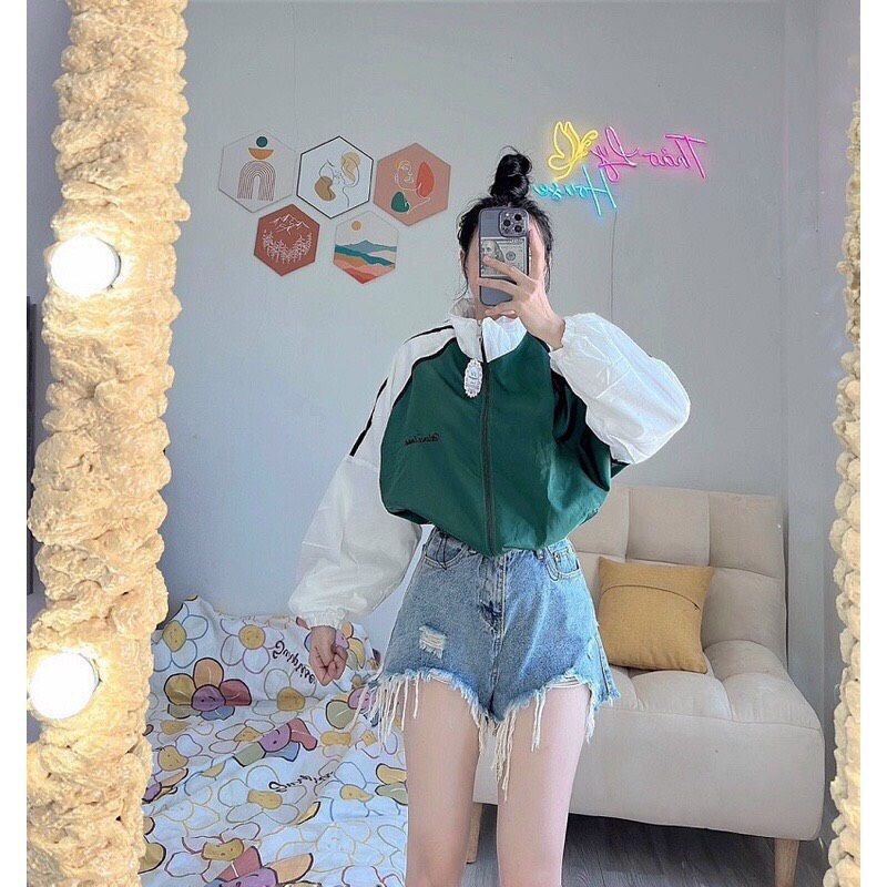 Áo khoác dù nữ tay phối sọc, lai rút dây