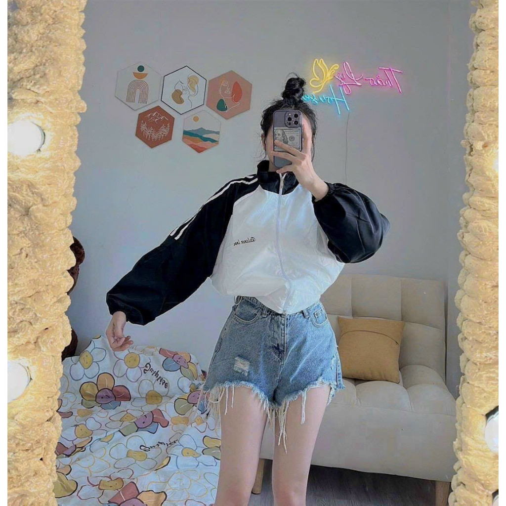 Áo khoác dù nữ tay phối sọc, lai rút dây