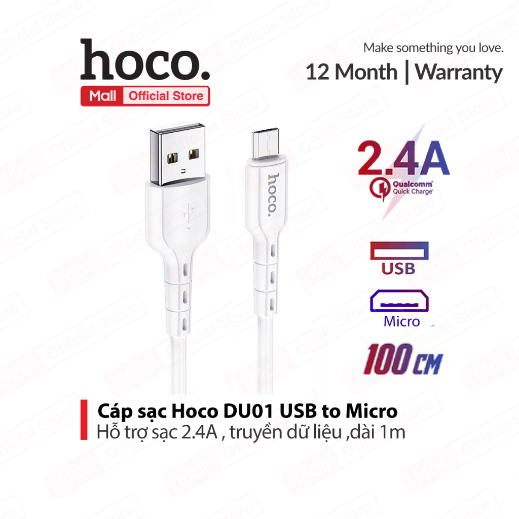 Dây sạc nhanh Usb to Micro Hoco DU01 hỗ trợ sạc 2.4A , truyền dữ liệu dùng cho Samsung , dài 1m