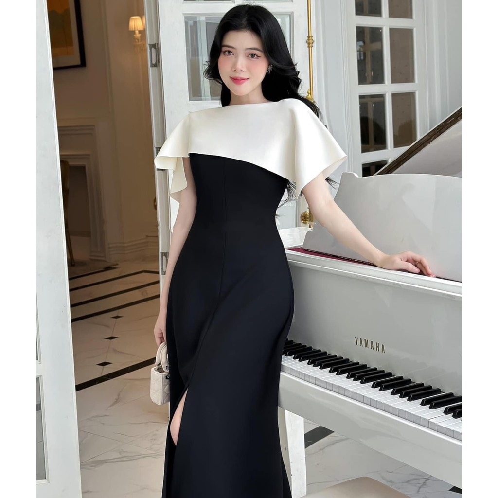 Khâu Váy tà cổ vuông chờm vai choảng xẻ đùi sang chảnh đi tiệc
