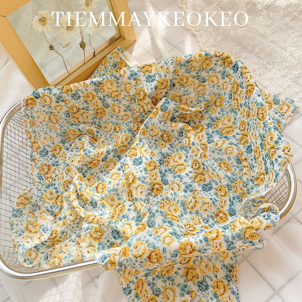 Khăn vải bandana TIEMMAYKEOKEO kích thước 50x50cm vải mềm hoạ tiết hoa hoa nhí tone nâu be ong thời trang nữ