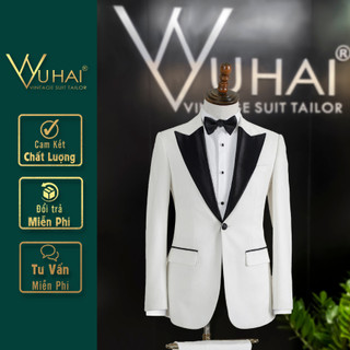 Vest Tuxedo 1 cúc màu trắng cổ phối phi bóng đen cao cấp