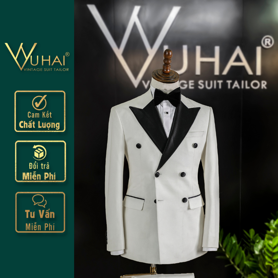 Vest nam cưới cao cấp, dáng áo 2 hàng khuy, mẫu Tuxedo cao cấp màu trắng