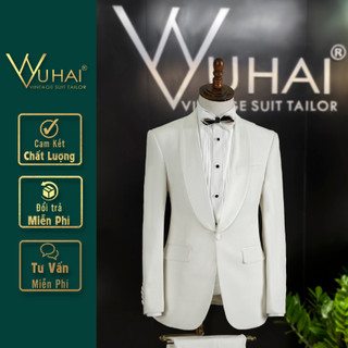 Vest nam cưới cao cấp cổ sam màu trắng dáng áo 1 cúc, mẫu Tuxedo cao cấp